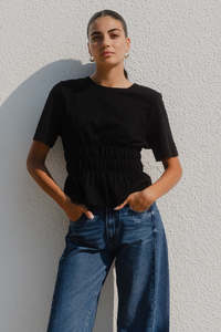 Svelte Black Shirred Detail SS Tee