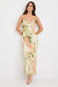 Autumn Tones: Lavish Cream Peach Floral Tie Back Bias Slip Dress