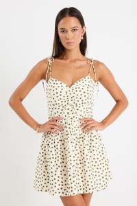 Prato Ivory Khaki Polka Dot Strappy Tiered Mini Dress