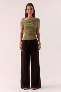Autumn Tones: Zeya Soft Khaki Sparkle Mesh Off Shoulder Top