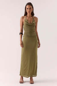 Autumn Tones: Zeya Soft Khaki Sparkle Mesh Halter Maxi Dress