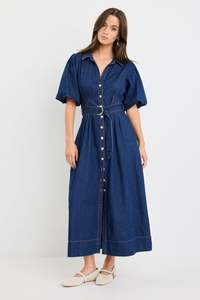 Dusk Indigo Denim Puff Sleeve Maxi Shirt Dress