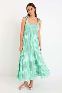 Ivy Jack: Isabella Green Stripe Cotton Strappy Tiered Maxi Dress