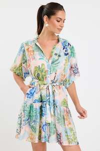 Delphi Blue Posy Print Drop Waist Belted Mini Dress