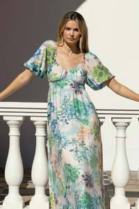 Posy Blue Posy Print Sweetheart Puff Sleeve Midi Dress