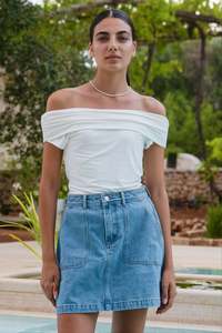 Ivy Jack: Orchard Mid Blue Pocket Front Denim Mini Skirt