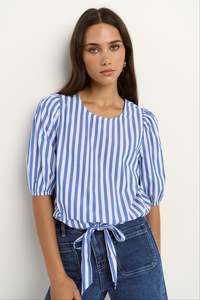 Cameron Bright Blue Stripe Tie Front SS Top