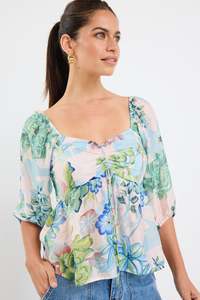Ivy Jack: Healing Blue Posy Print Sweetheart Neck Short Sleeve Top