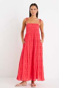 Offshore Poppy Cotton Shirred Strappy Maxi Dress