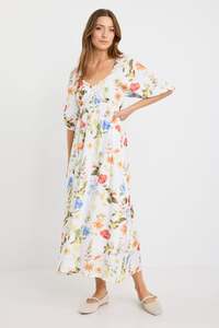 Ivy Jack: Posy Cream Garden Print Sweetheart Puff Sleeve Midi Dress