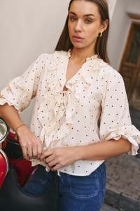 Ivy Jack: Garnish Cream Black Polka Dot Frill Front Mid Sleeve Top