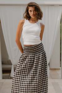 Cheerful Black Gingham Cotton Shirred Waist Maxi Skirt