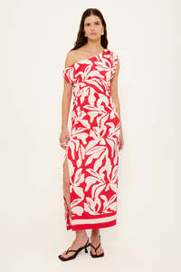 Serata Red Floral Off Shoulder Midi Dress