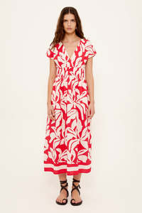 Serata Red Floral SS Shirred Waist Midi Dress