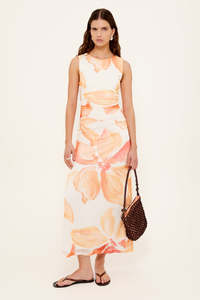 Solana Peach Floral Mesh Sleeveless Midi Dress