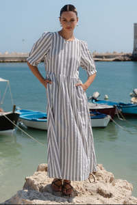 Black Dresses: Hemisphere Ivory Black Stripe Cotton Short Sleeve Relaxed Midi Dress