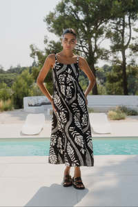 Black Dresses: Nimbus Black Ivory Leaf Tie Strap Maxi Dress
