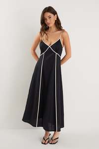 Black Dresses: Marine Black Contrast Piped Linen Strappy Maxi Dress