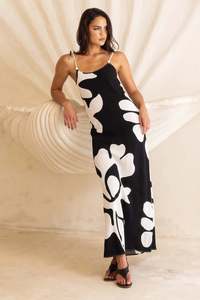 Sale 151: Bow Black Floral Print Strappy Slip Dress