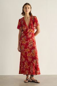 Sale 151: Calais Red Floral Flutter Sleeve Lace V Neck Midi Dress