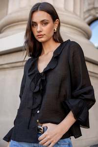 Bohemian Black Sheer Frill Front Blouse