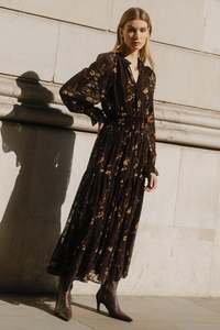 Back In Stock: Addition Chocolate Butter Floral Long Sleeve Shirred Waist Tiered Maxi Dress