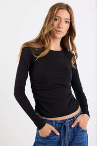 Muster Black Stretch Rouched Side LS Crew Top