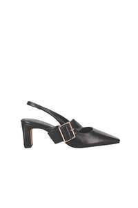 Oslo Black Leather Point Buckle Strap Pump
