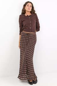 Among The Brave: Rally Chocolate Polka Dot Georgette Tie Waist Bias Maxi Skirt