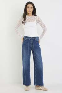 College Deep Blue Wide Leg Tie Belt Jean