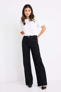 Denim Sale: Belmont Black Animal Mid Rise Wide Leg Jean
