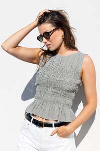 Ethical Fair: Impulsive Khaki Mini Gingham Shirred Sleeveless Top