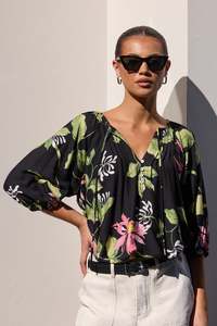 Ethical Fair: Refine Black Blush Floral Pintuck Front Mid Sleeve Top