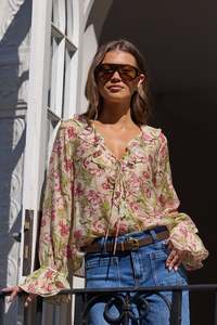 Bohemian Cream Blush Floral Sheer Frill Front Blouse