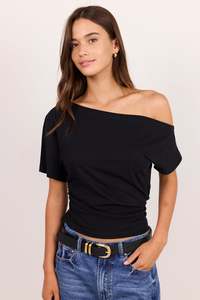 Distant Black Cotton Off Shoulder Tee