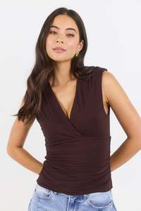 Connect Chocolate Jersey Cross Front Sleeveless Top