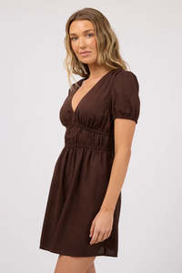 Fern Brown V Neck Linen SS Mini Dress