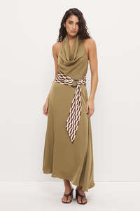 Essence Khaki Abstract Painterly Cowl Neck Belted Sleeveless Maxi Dress