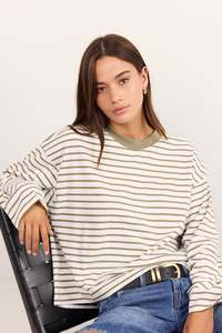 Autumn Tones: Unite Khaki White Stripe Long Sleeve Contrast Binding Boxy Tee