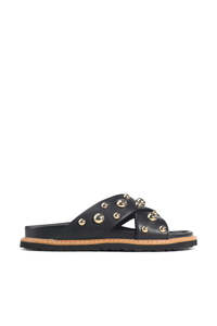 Slides And Shorts: Mode Black Gold Stud Cross Over Slide