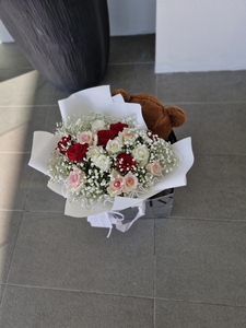 Products: floral choice mix roses with teddy - Botany Downs Florist & East Auckland same day delivery flowers Howick Florist