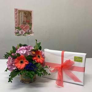 mothers day: Mother's Day Arrangement, Card and Chocolates.