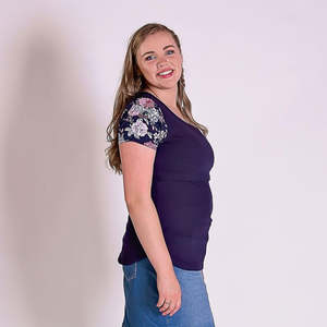 Flourish Range: Peach Bloom Floral Sleeve Tee in Navy - Flap