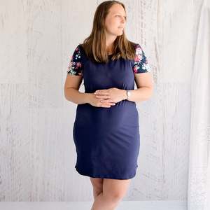 Flourish Range: Floral Sleeve Navy Dress with Zippers