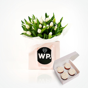 Flowers Single Bunch In Mass: Market White Tulips (Free Box of Cupcakes)