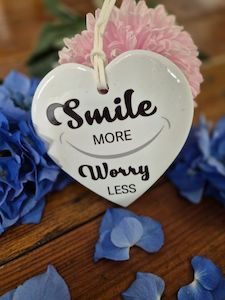 Heartfelt Messages On Ceramics: Smile more Worry less ceramic heart (H)