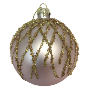 PINK GLASS BALL WITH GOLD CRISS CROSS DESIGN