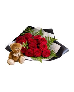 Teddy & Twelve Roses Gift Wrapped