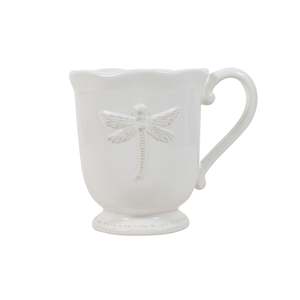 Drinkware: French Country Dragonfly Stoneware White Mug - Set of 4