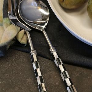 CC Interiors CHECKER BLACK & WHITE BONE AND STAINLESS STEEL SALAD SERVER SET (2PC PER SET)